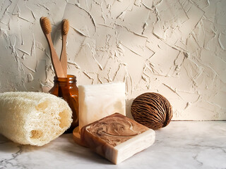 Eco products, Zero waste and environmental sustainability concept. Natural body cleansing products,...