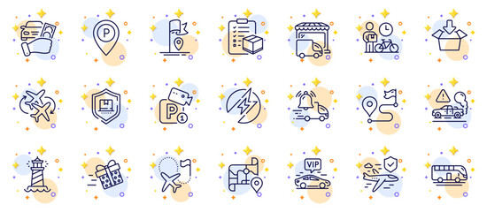 Outline set of Connecting flight, Get box and Exhaust line icons for web app. Include Flight insurance, Destination flag, Bus tour pictogram icons. Parking, Journey, Flag signs. Vector