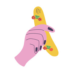 Doodle hand holds a skate. Concept of sharing old toys, recycling old things. Hand drawn vector illustration for postcards, invitations, posters, media