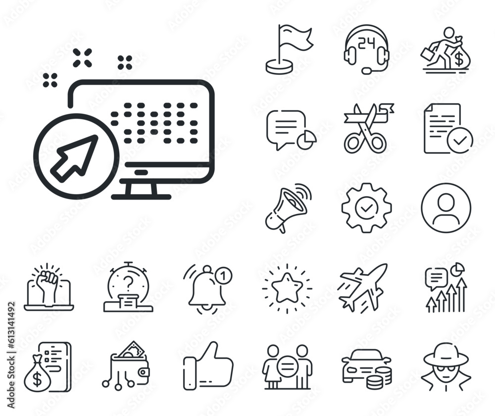 Poster web system sign. salaryman, gender equality and alert bell outline icons. computer line icon. monito