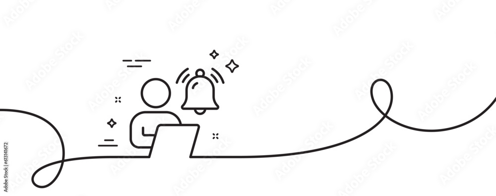 Poster user notification line icon. continuous one line with curl. alarm bell reminder sign. message alert 