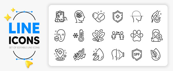 Uv protection, Face scanning and Spf protection line icons set for app include Medical shield, Spinach, Hospital outline thin icon. Low thermometer, Face id. Yellow 3d stars with cursor. Vector