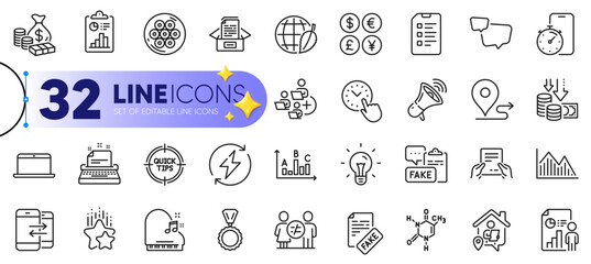 Outline set of Megaphone, Timer app and Report line icons for web with Ranking stars, Cable section, Add team thin icon. Documents box, Time management, Journey pictogram icon. Vector