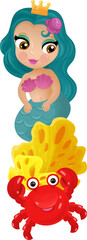 cartoon scene with mermaid princesss wimming near coral reef isolated illustration for children