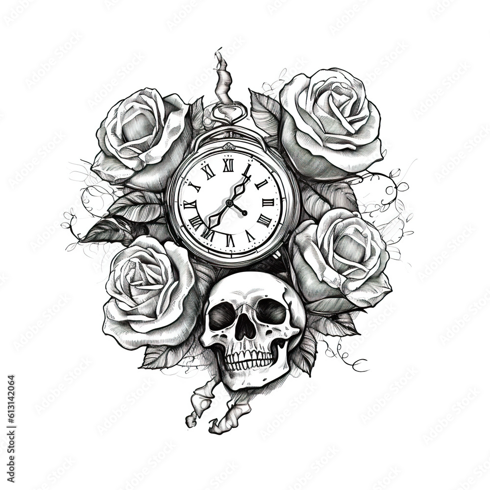 Poster a drawing of a skull and a clock surrounded by roses. generative ai.