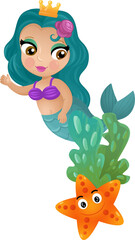 cartoon scene with mermaid princesss wimming near coral reef isolated illustration for children