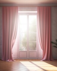 Sunlit Window with Pink Curtains. Illustration.