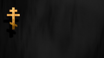 Liturgic black velvet with golden Christian Russian Orthodox Cross. 3D illustration copy space background for worship live stream church sermon. Concept of weekday funerals, memorials, and liturgies.