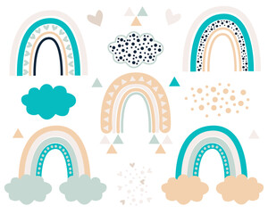 Set of tender childish abstract vector rainbows in pastel and blue colors with clouds, triangles, freehand digital illustration.