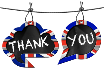 3D illustration of two speech bubbles with Uk flags (Union Jack Flag) and text Thank You in English language, hanging from a steel cable and isolated on a white or transparent background. Png.