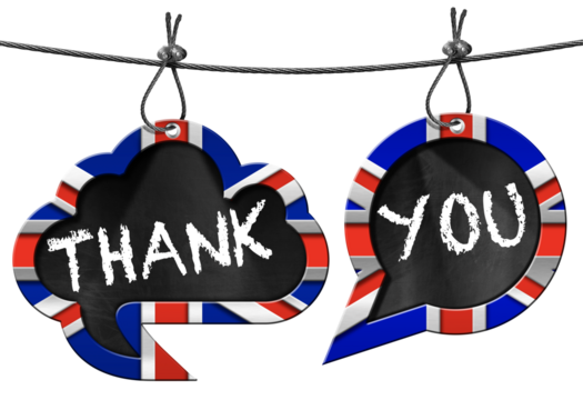 3D illustration of two speech bubbles with Uk flags (Union Jack Flag) and text Thank You in English language, hanging from a steel cable and isolated on a white or transparent background. Png. - Powered by Adobe