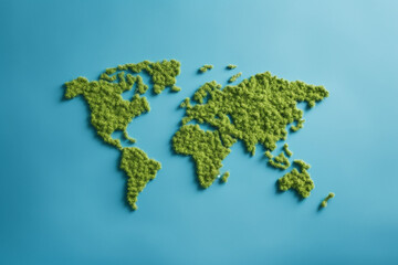Generative AI of a flat world map created from moss and greenery against blue background representing water. 