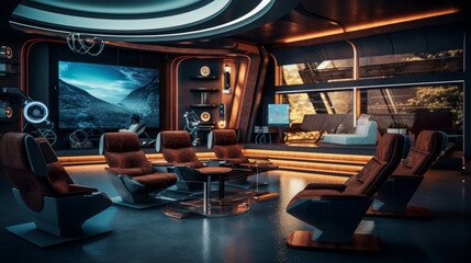 Home Theater room of a beautiful futuristic design. AI Generated.