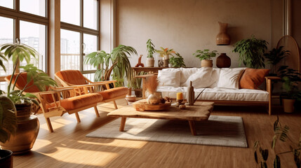 Fototapeta premium A warm and inviting living space with a wooden surface on the table. Generative AI