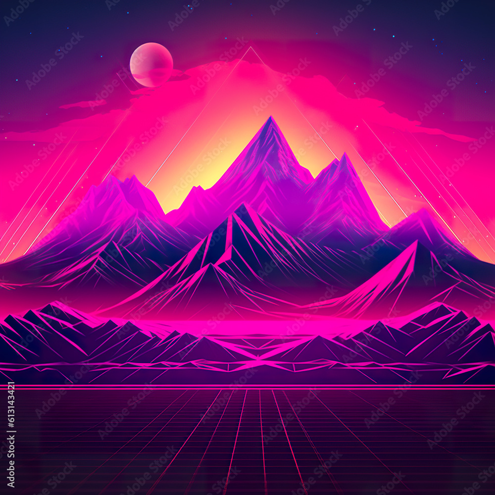 Poster a mountain range with a sunset in the background. generative ai.