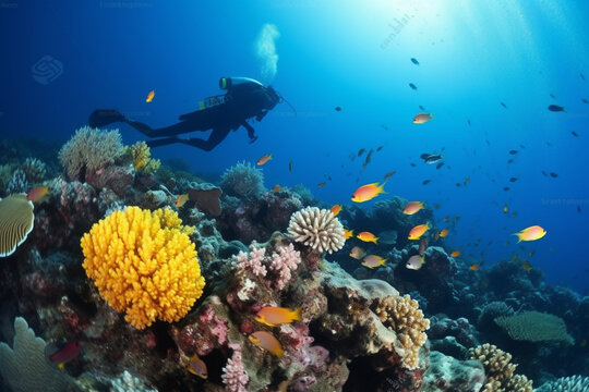 Generative AI of a scuba diver and coral reefs. 