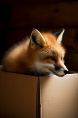 Generative AI of a red fox in a box. 