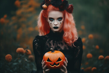 Generative Ai of a woman holding a pumpkin at Halloween. 