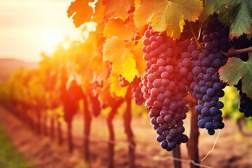 Generative AI of Beautiful grapes in a vineyard at sunset.	
 - obrazy, fototapety, plakaty