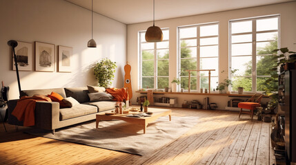 A warm and inviting living space adorned with a rustic wooden tabletop. Generative AI