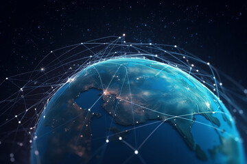 Generative AI of connection dots and lines around the Earths surface representing future technology. 