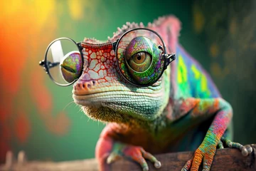 Foto op Canvas Colorful Chameleon on a vibrant background © belyaaa