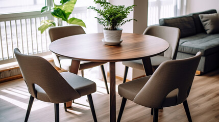 Circular wooden dining table and accompanying chairs. Generative AI
