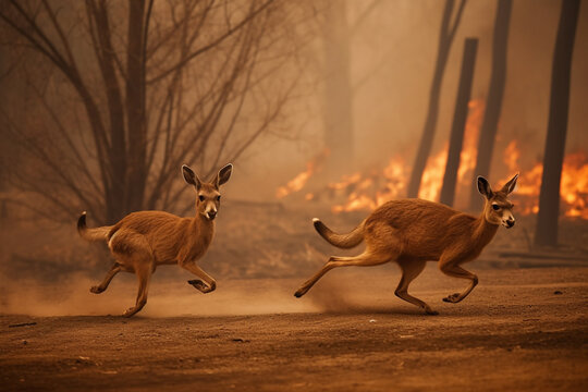 Generative Ai Of Wild Animals Running Away From A Wildfire. 