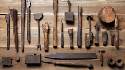 Collection of wooden implements with a weathered appearance Generative AI