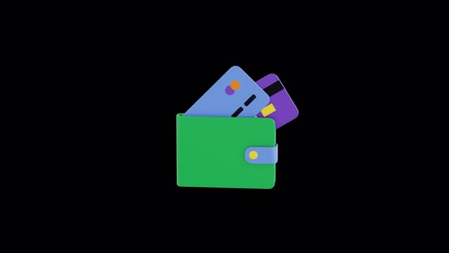 Credit or debit bank cards in the wallet animation. 3d render, Alpha channel, transparent background. Bank service, investment, income, currency concept. finance business profits, cashback