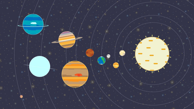 Solar system all planets + Pluto cartoon infographics style 