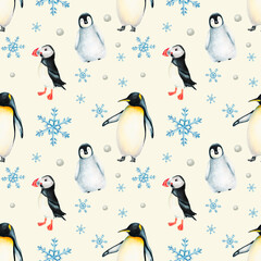 Watercolor winter seamless pattern with king penguins under snowflakes and puffin birds isolated. Hand painting realistic Arctic and Antarctic ocean mammals. For designers, invitations, posters and t
