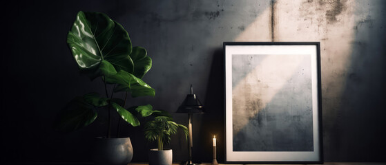 Loft, modern interior mockup with empty frame on concrete textured wall with tropical plants on the floor. Luxury hotel resort background for bathroom. Vacation template. Minimalism. Generative ai.