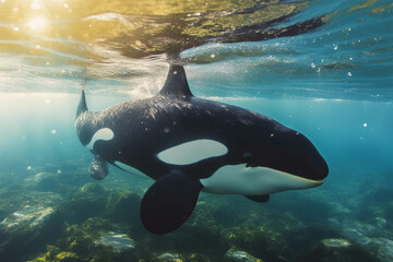 Hyper realistic under water photograph of an orca. AI generative - obrazy, fototapety, plakaty