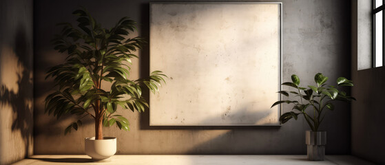 Loft, modern interior mockup with empty frame on concrete textured wall with tropical plants on the floor. Luxury hotel resort background for bathroom. Vacation template. Minimalism. Generative ai.