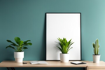 Empty frame mockup in modern minimalist interior with trendy potted plant