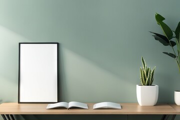 Empty frame mockup in modern minimalist interior with trendy potted plant