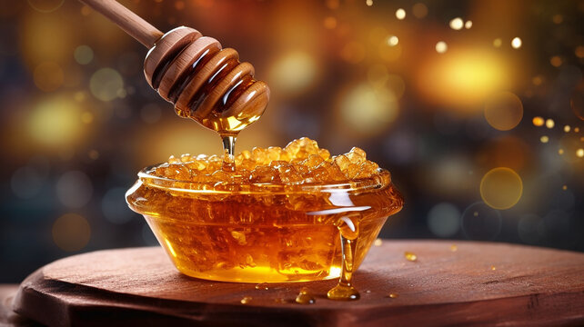 Generative AI image of a close up of a jar of delicious and healthy honey against a bokeh background 