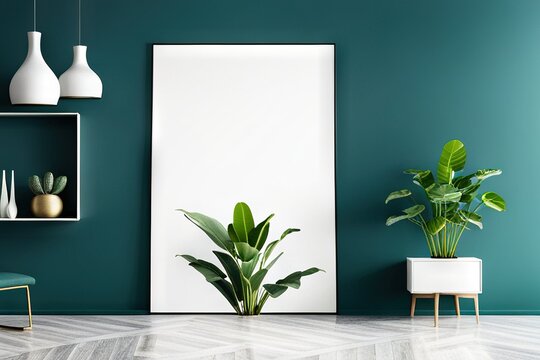 Empty frame mockup in modern minimalist interior with trendy potted plant