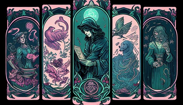 Magic card with multiple wizards blue and pink abstract, Elegant and Modern illustrationby AI generated.