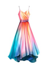 Colored long female dress isolated on white background in watercolor style. Generative AI.