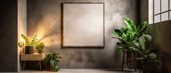 Loft, modern interior mockup with empty frame on concrete textured wall with tropical plants on the floor. Luxury hotel resort background for bathroom. Vacation template. Minimalism. Generative ai.