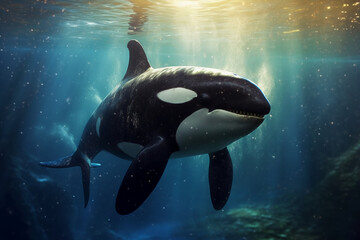 Hyper realistic under water photograph of an orca. AI generative - obrazy, fototapety, plakaty