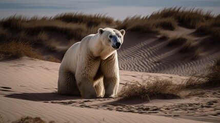 Global warming, problem of the world. White polar bear in the desert. Generative AI