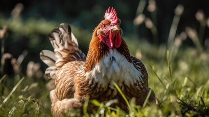 Fototapeta premium Hen walks in the summer among the green grass. Generative AI