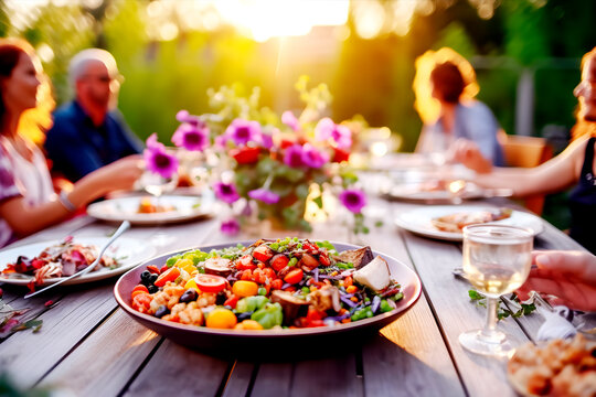 Gente feliz almorzando en una hermosa mesa en el jard&iacute;n. Concepto de estilo de vida juvenil, comida y bebida en el exterior disfrutando de una fiesta en el restaurante.