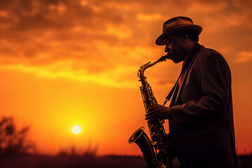 Fototapeta na wymiar Saxophonist in a hat with a saxophone at sunset. Generative AI illustration.