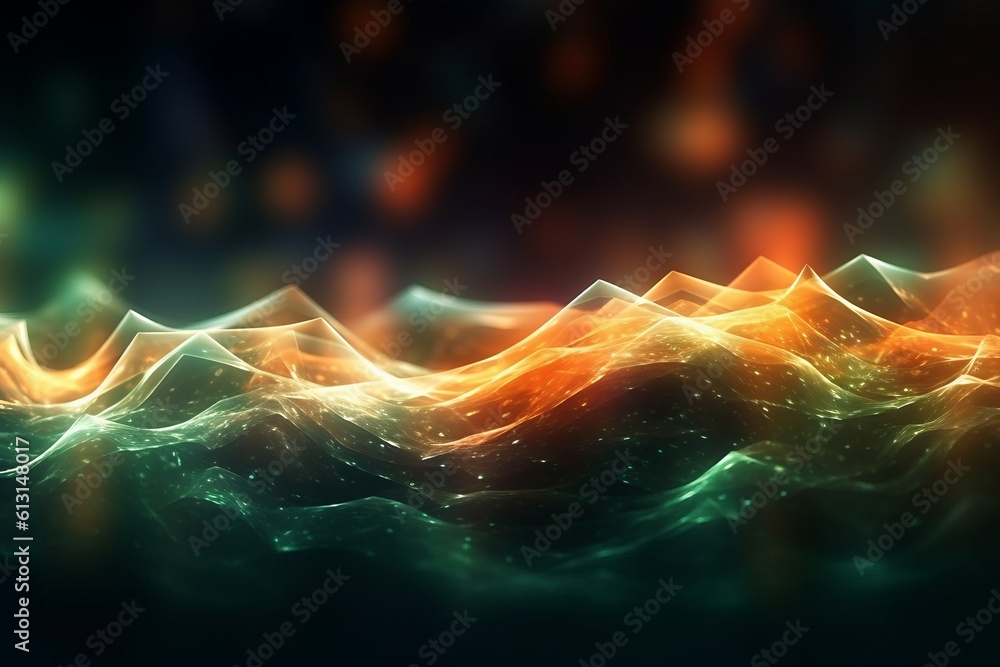 Poster abstract futuristic background with glowing neon moving high speed wave lines and bokeh lights. Data transfer concept Fantastic wallpaper. Generative AI