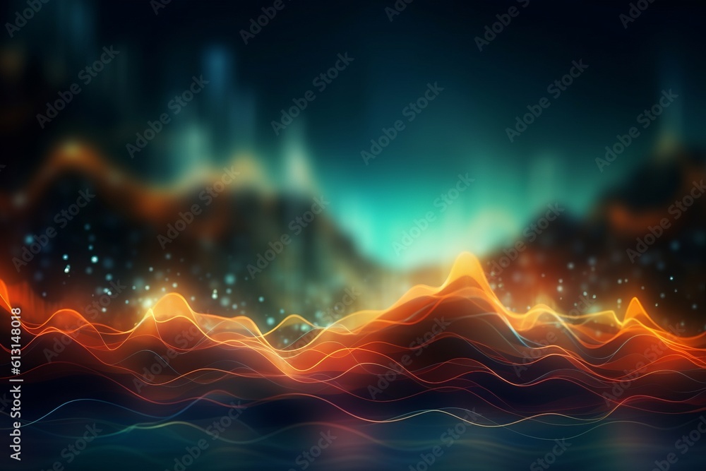 Poster abstract futuristic background with glowing neon moving high speed wave lines and bokeh lights. Data transfer concept Fantastic wallpaper. Generative AI