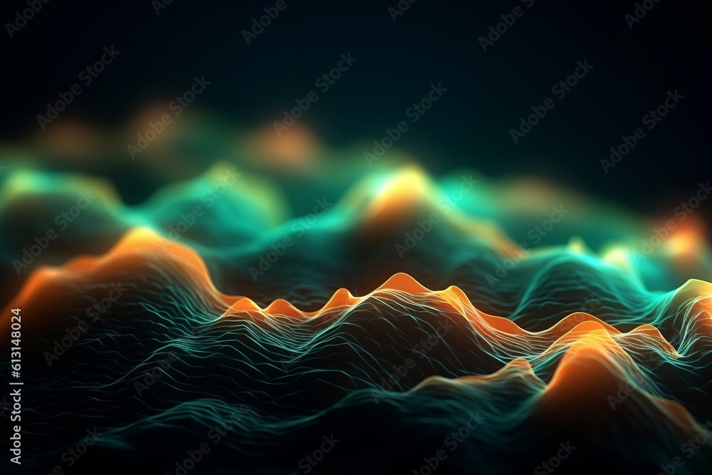 Poster abstract futuristic background with glowing neon moving high speed wave lines and bokeh lights. Data transfer concept Fantastic wallpaper. Generative AI